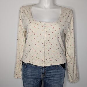 J Crew Cream Pink Yellow Floral Cotton Blend Square Neck Long Sleeve Cardigan